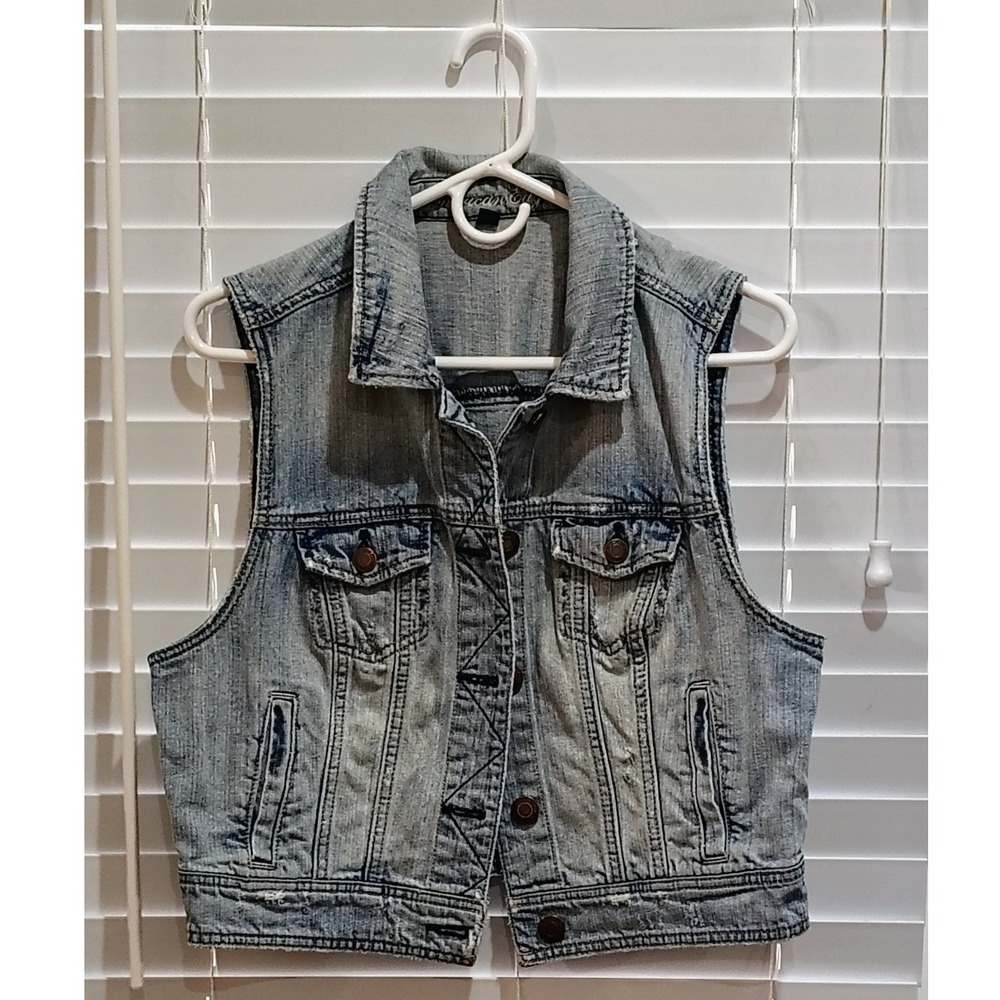 American Eagle Denim Crop Vest Juniors XL Distressed 90s Y2K CottageCore Preppy